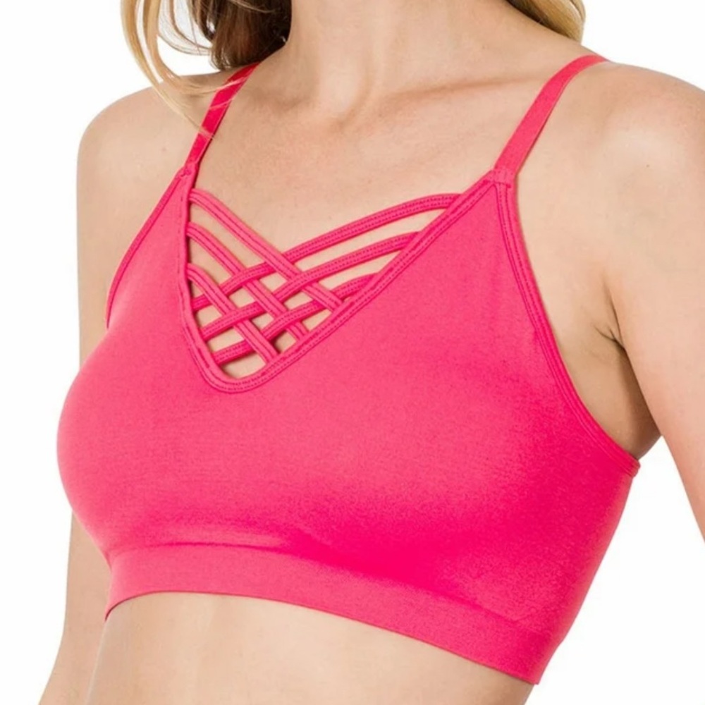 Zenana Hot Pink Seamless Lattice Front Bralette Crop Top Size L/XL NWOT